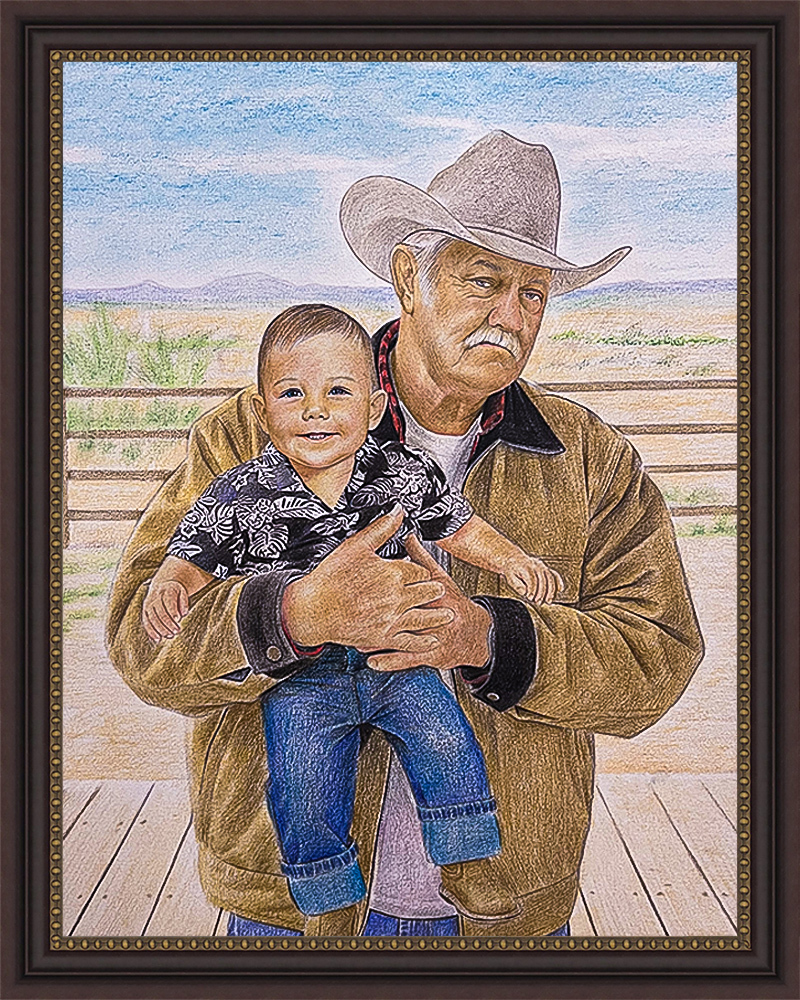 Colored pencil drawing of a grandfather holding his grandson on a ranch